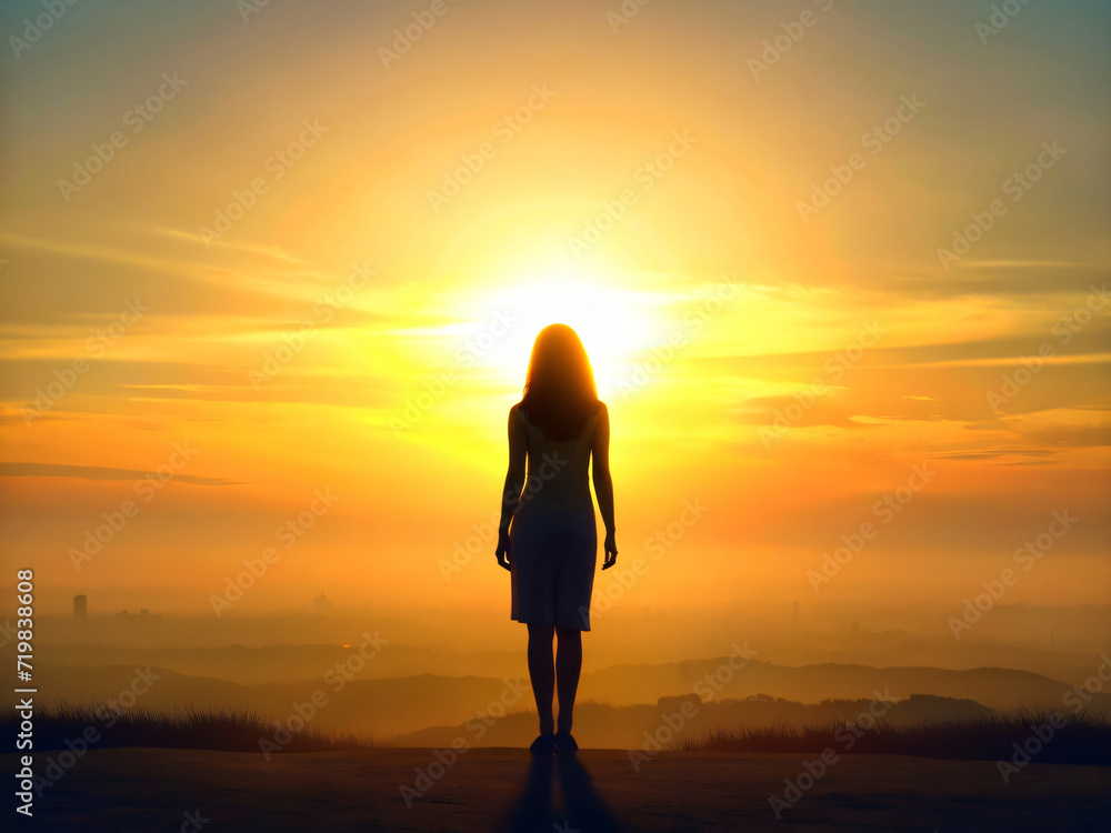 Serene Motivation at Sunset with Silhouetted Woman Embracing Nature's Beauty