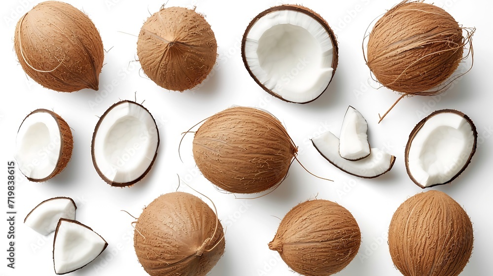 Set of fresh whole and half coconut and slices isolated on white background, top view : Generative AI