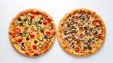Two Tasty Hot Pizza Set Fall from Sky, Front View in white background : Generative AI