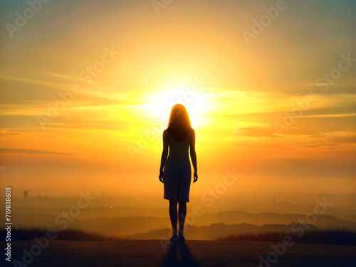 Serene Motivation at Sunset with Silhouetted Woman Embracing Nature's Beauty