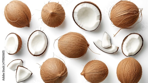 Set of fresh whole and half coconut and slices isolated on white background, top view : Generative AI photo