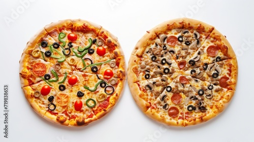 Two Tasty Hot Pizza Set Fall from Sky, Front View in white background : Generative AI