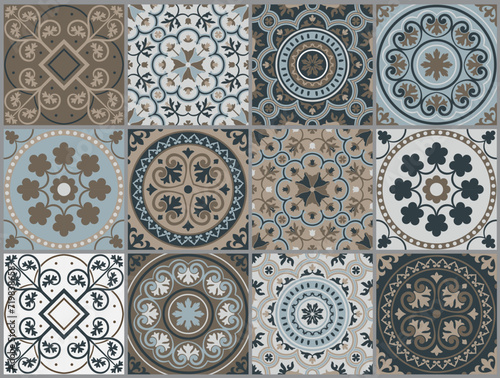 Tiling Mediterranean tile abstract geometric floral patterns. Traditional Portuguese culture, in blue and white. Editable vector illustration