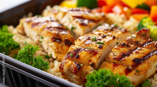 Grilled chicken meal prep with cooked rice and vegetables   Generative AI