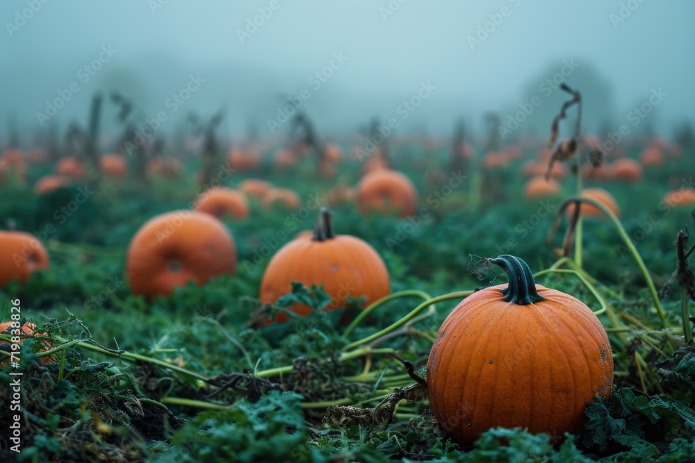A mysterious and foggy pumpkin patch with pumpkins of various sizes A mysterious and foggy pumpkin patch with pumpkins of various sizes