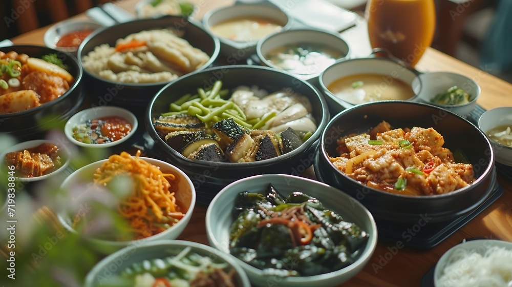 Korean foods served on a dining table. Perfect for photo illustration, article, or any cooking contents. : Generative AI Korean foods served on a dining table. Perfect for photo illustration, article, or any cooking contents. : Generative AI