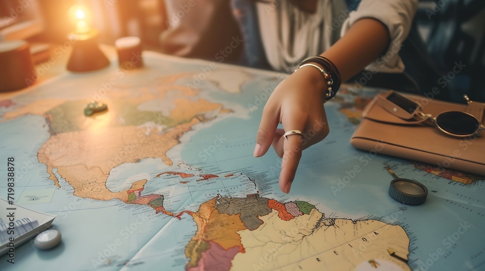 Tourist planning vacation with the help of world map with other travel accessories around. Young woman pointing at North America on the world map. : Generative AI Tourist planning vacation with the help of world map with other travel accessories around. Young woman pointing at North America on the world map. : Generative AI
