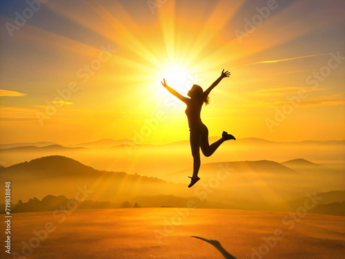 Serene jumping at Sunset with Silhouetted Woman Embracing Nature s Beauty