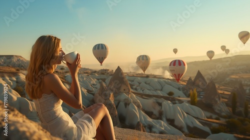 Woman drinking early morning tea with hot air balloons in Cappadocia : Generative AI