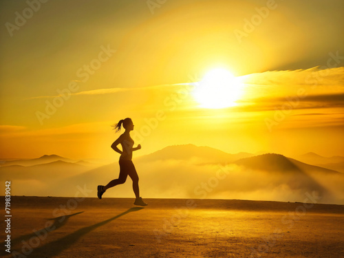 Serene Running at Sunset with Silhouetted Woman Embracing Nature's Beauty