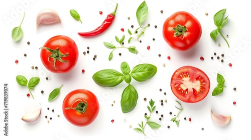 Tomato, basil, spices, chili pepper, onion, garlic. Vegan diet food, creative composition isolated on white. Fresh basil, herb, tomatoes pattern layout, cooking concept, top view. : Generative AI