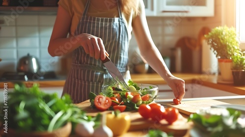 Young adult woman preparing a healthy salad in the kitchen   Generative AI