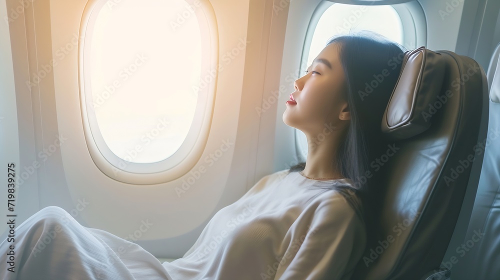 Asian woman sitting in a seat in airplane and looking out the window going on a trip vacation travel concept : Generative AI Asian woman sitting in a seat in airplane and looking out the window going on a trip vacation travel concept : Generative AI