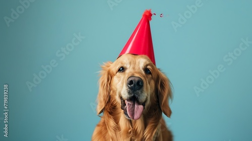 Cute dog celebrating with red pary hat and blow-out against a blue background and copy space to side : Generative AI