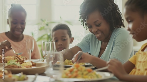 Happy African American family eating lunch together at dining table. Focus is on mother serving food.   Generative AI