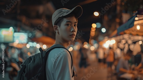 Young Asian traveling backpacker in Khaosan Road outdoor market in Bangkok, Thailand : Generative AI photo