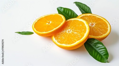 Orange with sliced and green leaves isolated on white background. : Generative AI