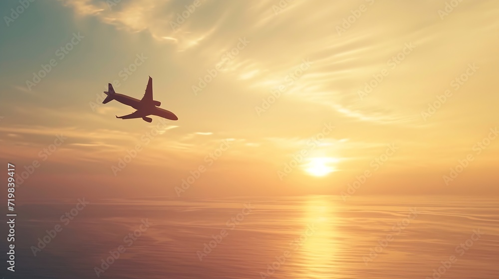 Airplane flying above tropical sea at sunset : Generative AI