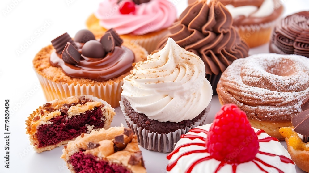 Fresh and delicious bakery desserts and sweets, closeup, isolated on white background. apple pie, chocolate chip cookies, cream puff, red velvet cake, cupcake. Bakery food set and coll : Generative AI