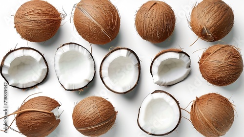 Set of fresh whole and half coconut and slices isolated on white background, top view : Generative AI photo