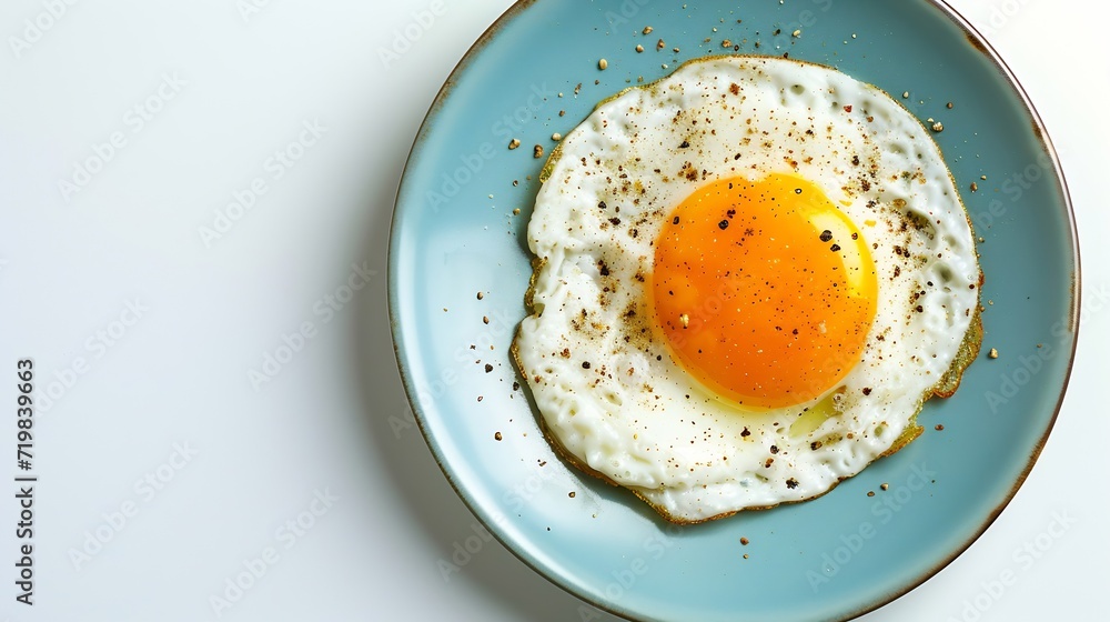 Top view of delicious breakfast of fried egg with yellow yolk served on blue ceramic plate on table against white background : Generative AI Top view of delicious breakfast of fried egg with yellow yolk served on blue ceramic plate on table against white background : Generative AI