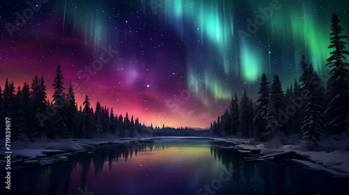 aurora borealis mountains forest winter