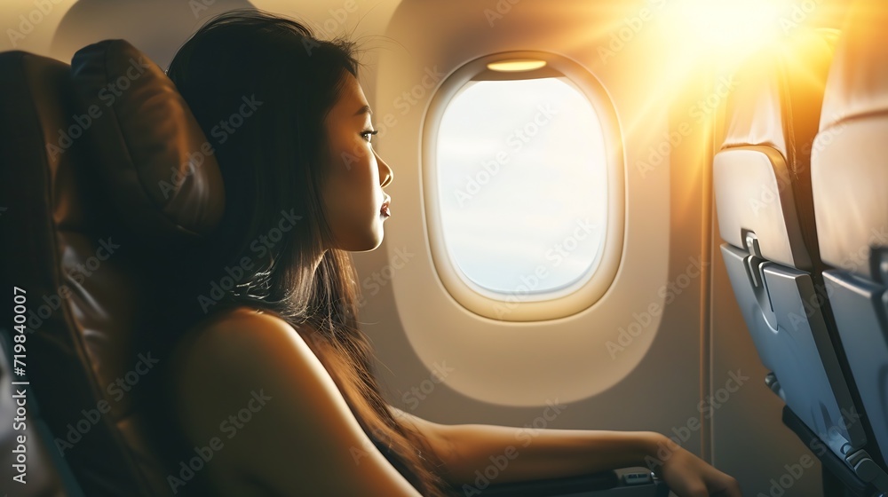 Asian woman sitting in a seat in airplane and looking out the window going on a trip vacation travel concept : Generative AI - obrazy, fototapety, plakaty 