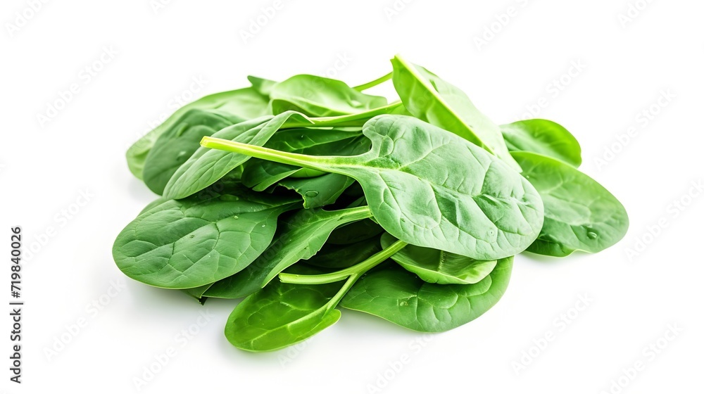 Pile of fresh green baby spinach leaves isolated on white background. Espinach Close up. Flat lay. Food concept. : Generative AI Pile of fresh green baby spinach leaves isolated on white background. Espinach Close up. Flat lay. Food concept. : Generative AI