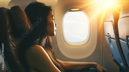 Asian woman sitting in a seat in airplane and looking out the window going on a trip vacation travel concept : Generative AI photo