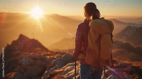 Hipster young girl with backpack enjoying sunset on peak of foggy mountain. Tourist traveler on background view mockup. Hiker looking sunlight in trip in Spain country, mock up text. P : Generative AI