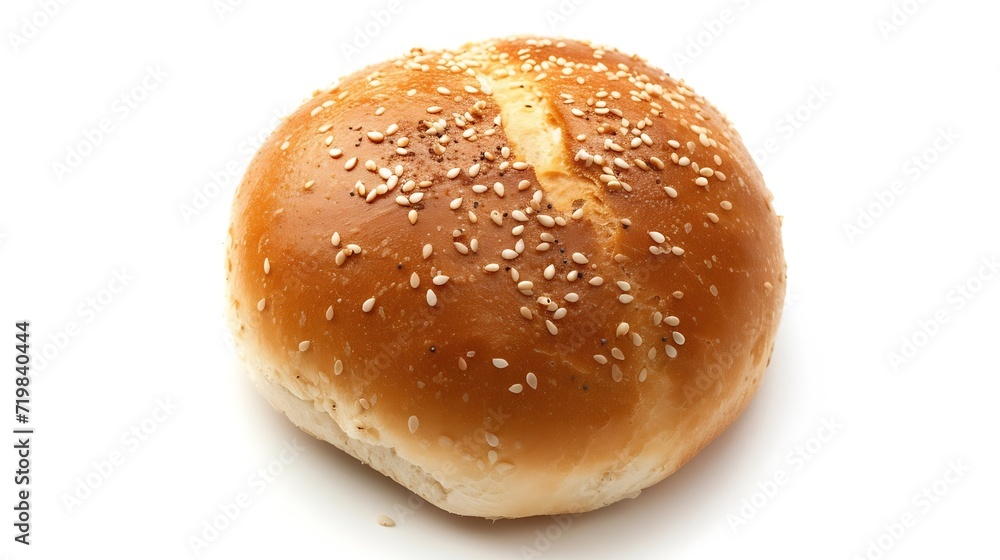 Top view shot of a hamburger bread bun, isolated on white background. The freshly baked, golden brown color and a sprinkling of sesame seeds on top. : Generative AI