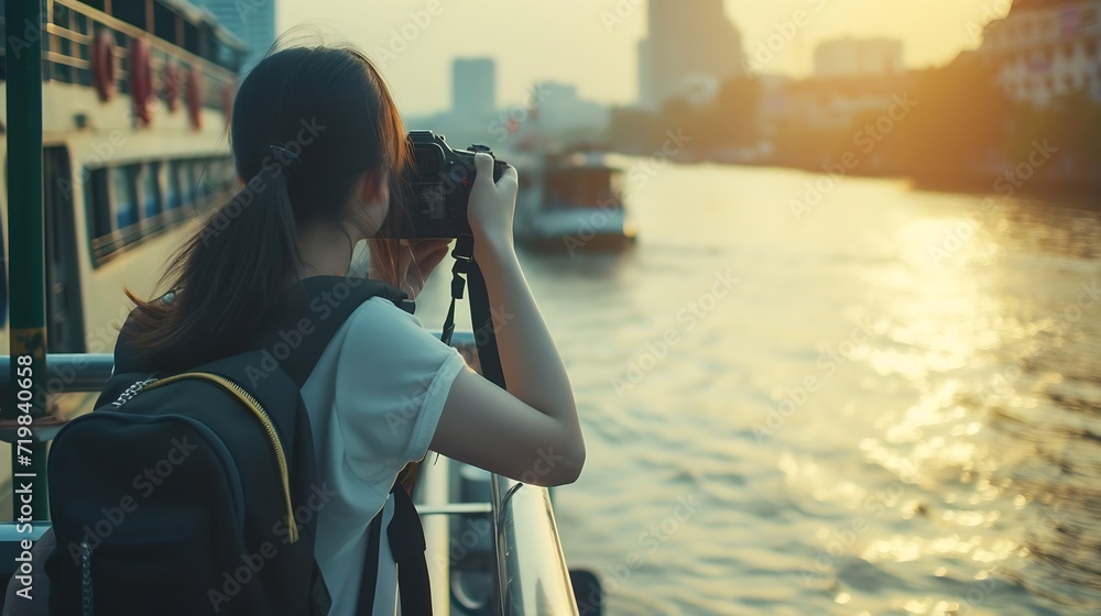 Obraz premium Young Asian woman backpack traveler using a camera in express boat pier on Chao Phraya River in Bangkok. Journey trip lifestyle, world travel explorer or Asia summer tourism concept. : Generative AI