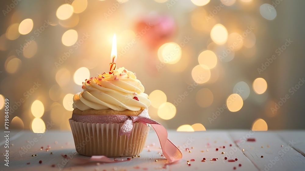 Cupcake with bow and candle - happy birthday card/ Holidays greeting card : Generative AI Cupcake with bow and candle - happy birthday card/ Holidays greeting card : Generative AI