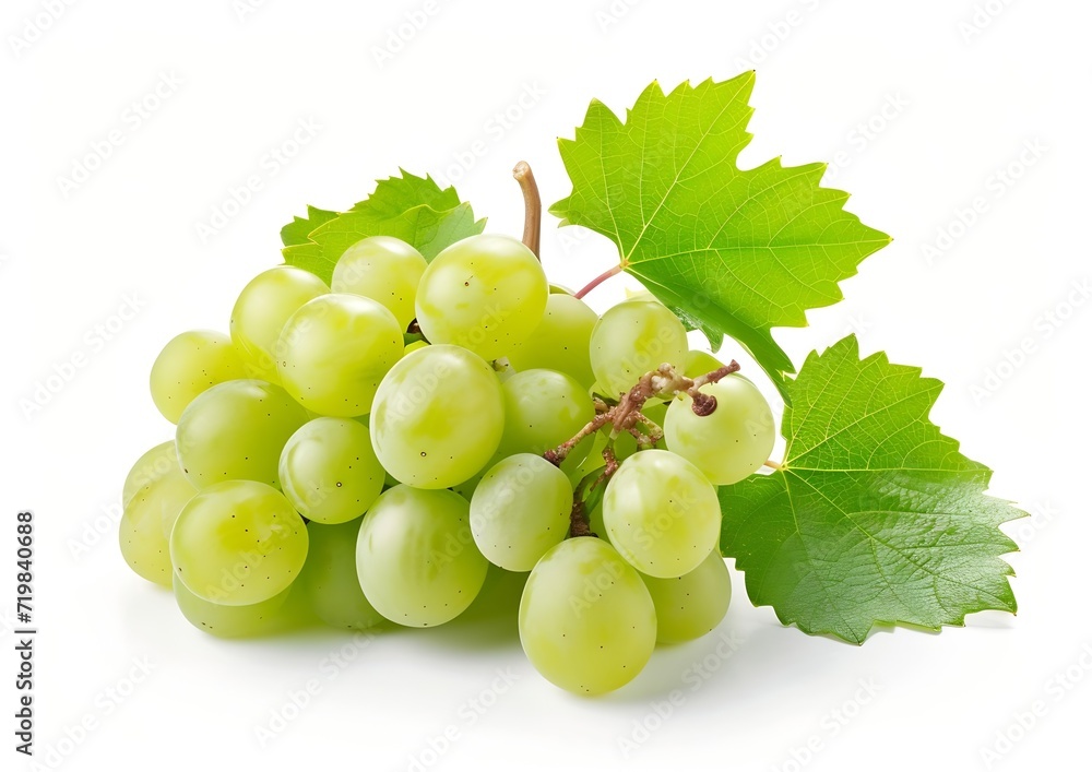 Green grape with leaves isolated on white. Full depth of field. : Generative AI Green grape with leaves isolated on white. Full depth of field. : Generative AI