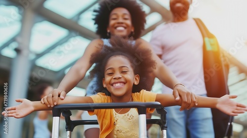 Family Trip Concept. Portrait of cheerful African American girl having fun and spreading hands, ready for vacation, standing on luggage cart. Parents walking with baggage trolley, ridi : Generative AI photo