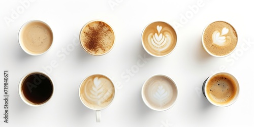 Set of paper take away cups of different coffee latte or cappuccino isolated on white background, top view : Generative AI