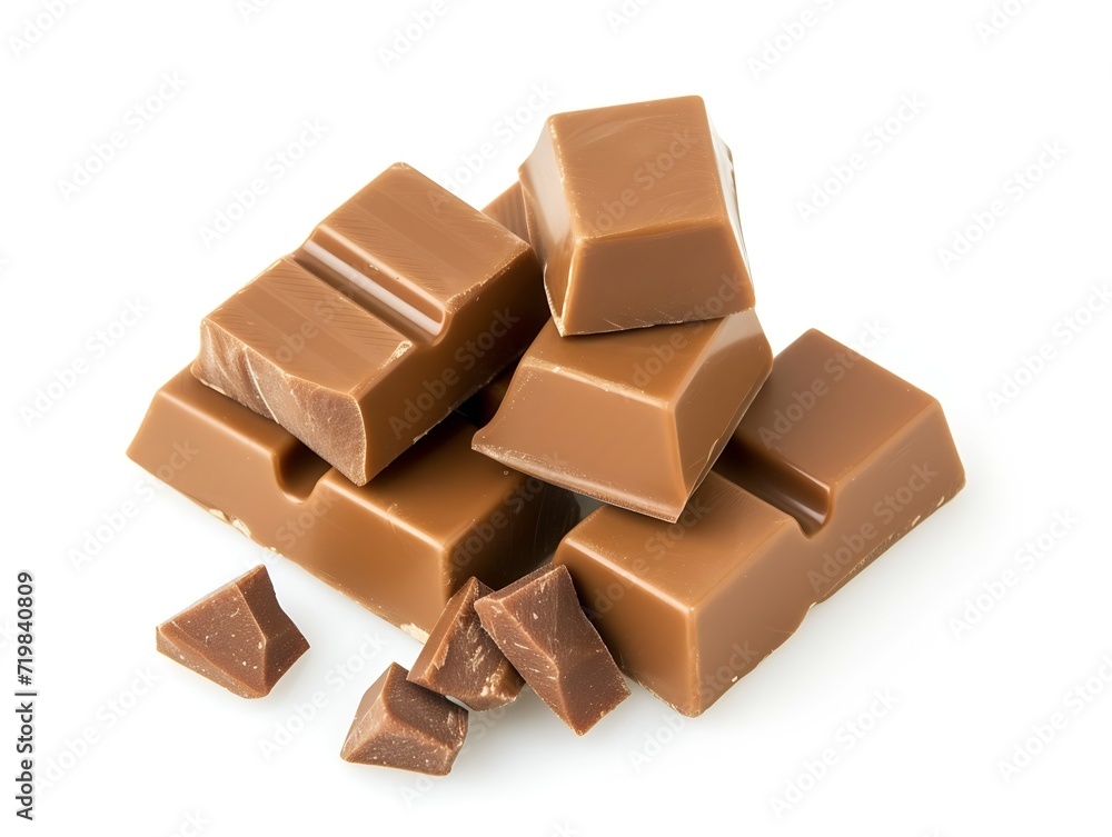Cubes of milk chocolate bar isolated on white background : Generative AI Cubes of milk chocolate bar isolated on white background : Generative AI