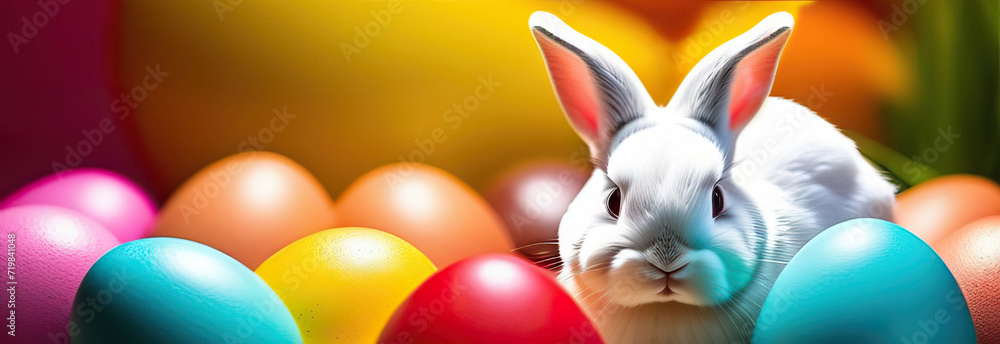 Motley banner with bright multi-colored Easter eggs and a white bunny. Place for advertising. Easter, spring Motley banner with bright multi-colored Easter eggs and a white bunny. Place for advertising. Easter, spring