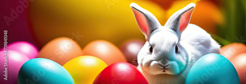 Motley banner with bright multi-colored Easter eggs and a white bunny. Place for advertising. Easter, spring