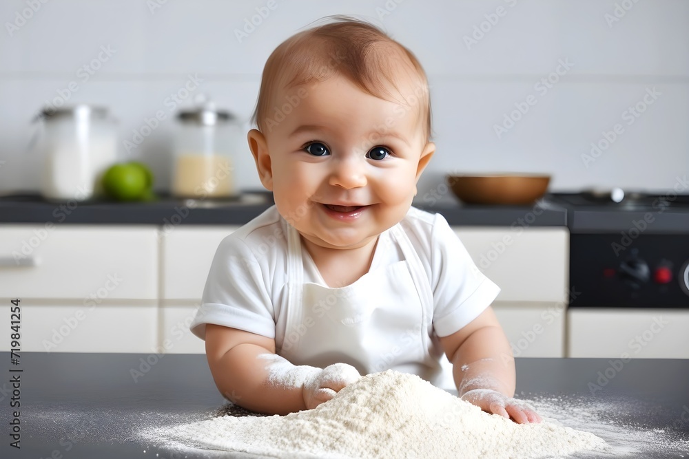 Fototapeta premium portrait of a child cooking in the kitchen, wear aprons, cook flour and baby food.