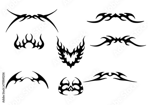 Neo tribal shape. Gothic Y2K sharp elements, abstract symmetrical design, various decorative elements