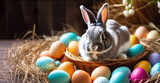 Greeting card with Easter eggs and a gray bunny in a basket and space for text. Happy Easter, Good Friday concept