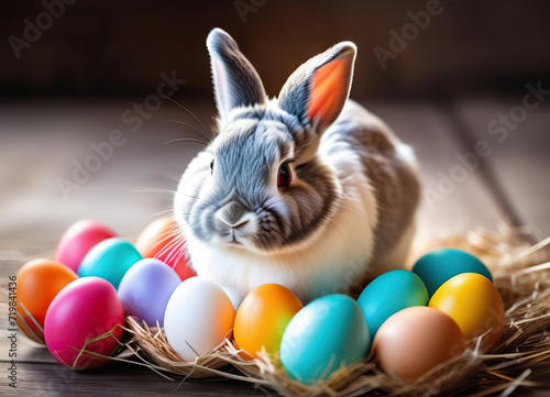 Postcard with spotted bunny and colorful Easter eggs on a wooden background. Easter, spring concept