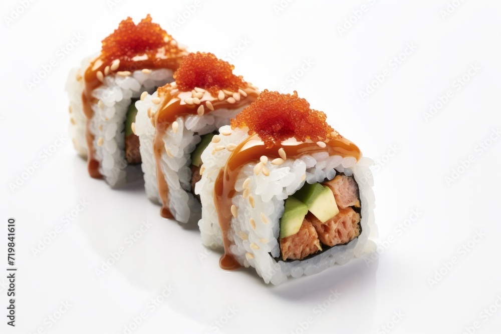 Spicy Tuna Roll Sushi, Showcased in an Enticing Manner on a Clean White Canvas, Generative AI Spicy Tuna Roll Sushi, Showcased in an Enticing Manner on a Clean White Canvas, Generative AI