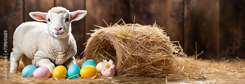 Curly sheep with Easter eggs in the hay. Easter. Copy space