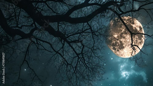 Fantasy night Tree branches and full moon in starry sky photo