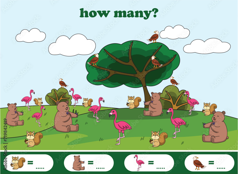Fototapeta premium Counting game for kids with wildlife animals. Printable worksheet for math lessons. Vector illustration