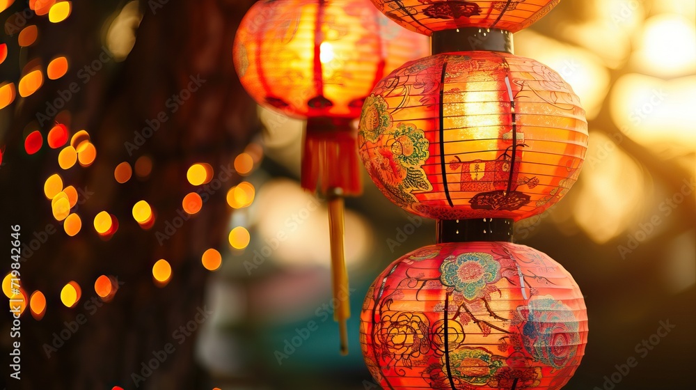 Traditional Chinese paper lanterns hanging on the tree branch with bokeh background - AI Generated Traditional Chinese paper lanterns hanging on the tree branch with bokeh background - AI Generated