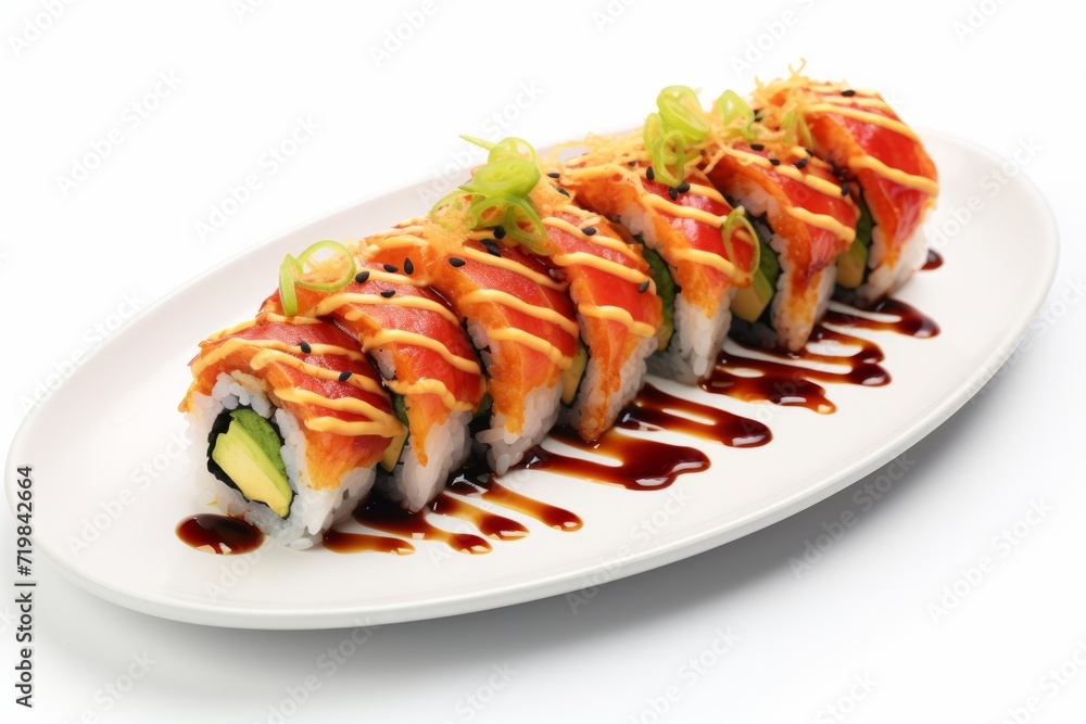 Tiger Roll Sushi, Presented in a Delicious Layout on a White Background, Generative AI Tiger Roll Sushi, Presented in a Delicious Layout on a White Background, Generative AI