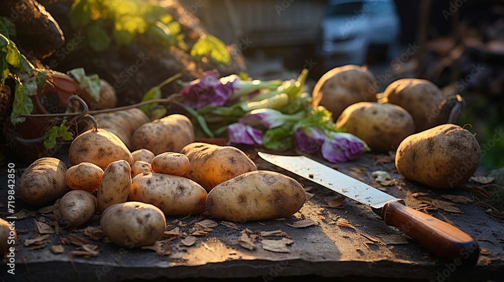 Hands holding a knife while cutting a potato down to slices Hands holding a knife while cutting a potato down to slices